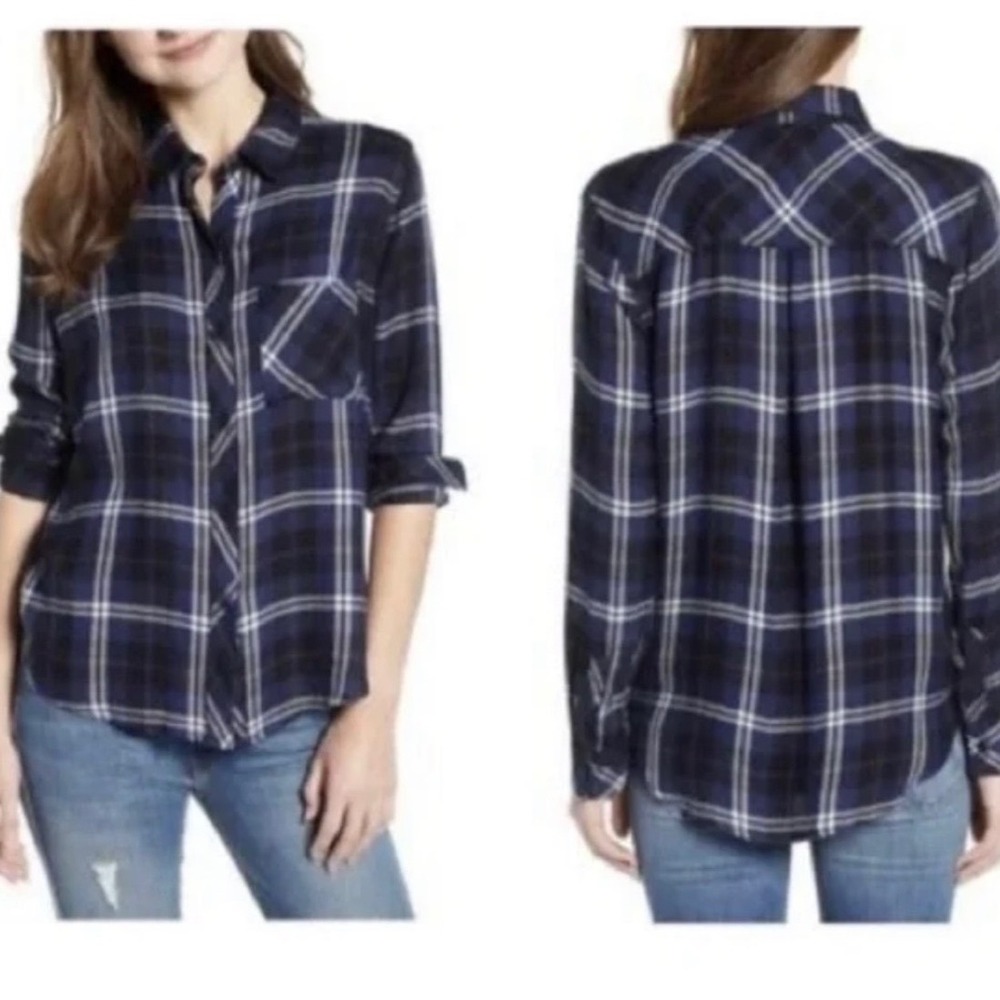 Rails Hunterβ Plaid Button Down Shirt Navy Almond Tinsel XS Rayon Long Sleeve